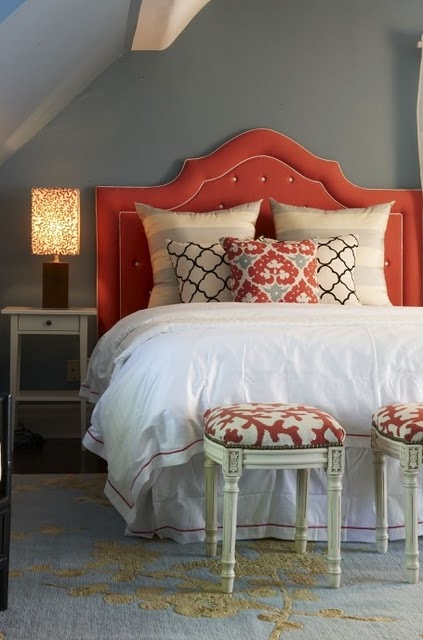 shop this look: coral, white, navy and grey bedroom