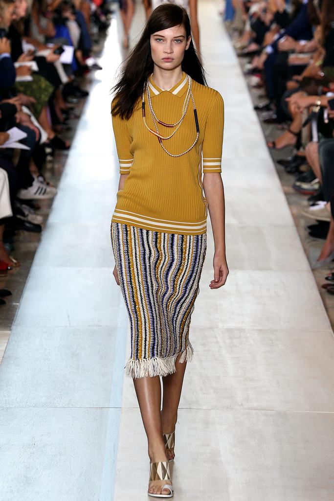 SHOP THIS LOOK: Tory Burch Spring 2015 yellow sweater and patterned skirt